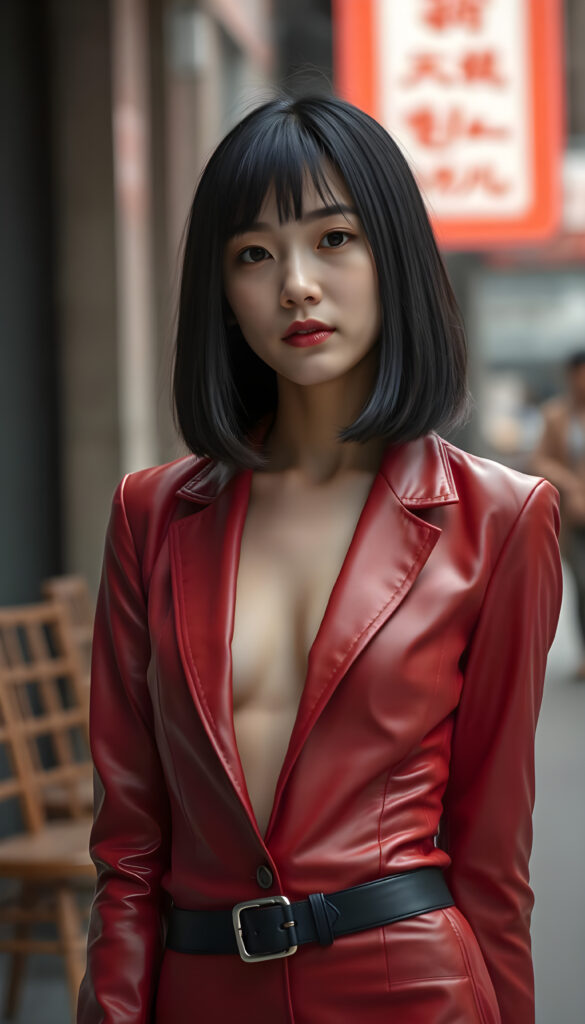 a young woman in a red thin open leather suit, black straight hair in bob cut, Asian touch, female curved body, fit