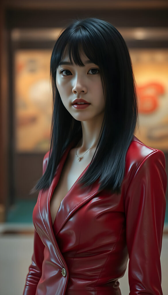 a young woman in a red thin open leather suit, black straight hair in bob cut, Asian touch, female curved body, fit