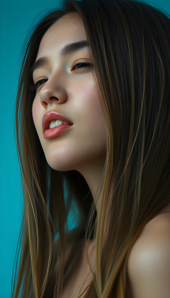 a young girl with long straight hair, in front, closed eyes, round face, full kissable lips, mouth wide open and looks up, white teeth, light blue backdrop, side view