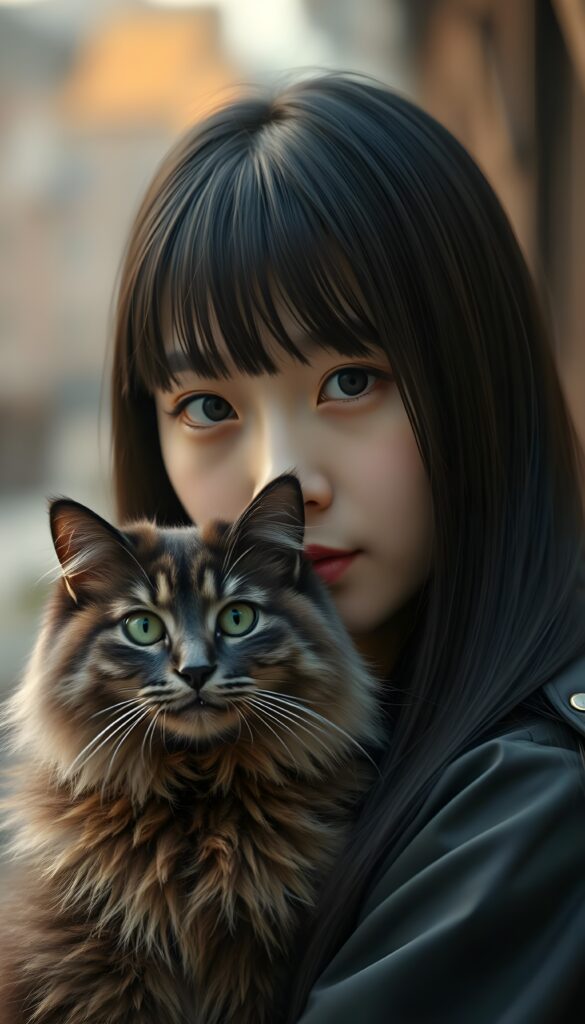 an Asian girl with straight black hair and a maine-coon cat looks directly to the viewer. Black eyes. Detailed. 4K. HDR.