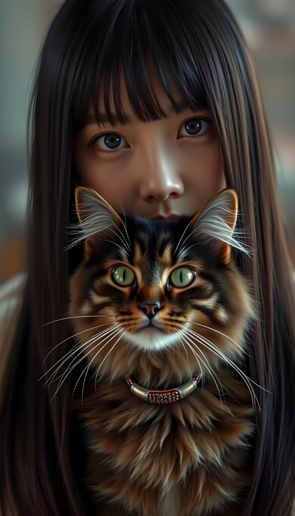 an Asian girl with straight black hair and a maine-coon cat looks directly to the viewer. Black eyes. Detailed. 4K. HDR.