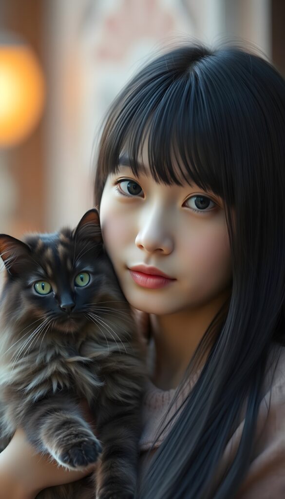 an Asian girl with straight black hair and a maine-coon cat looks directly to the viewer. Black eyes. Detailed. 4K. HDR.