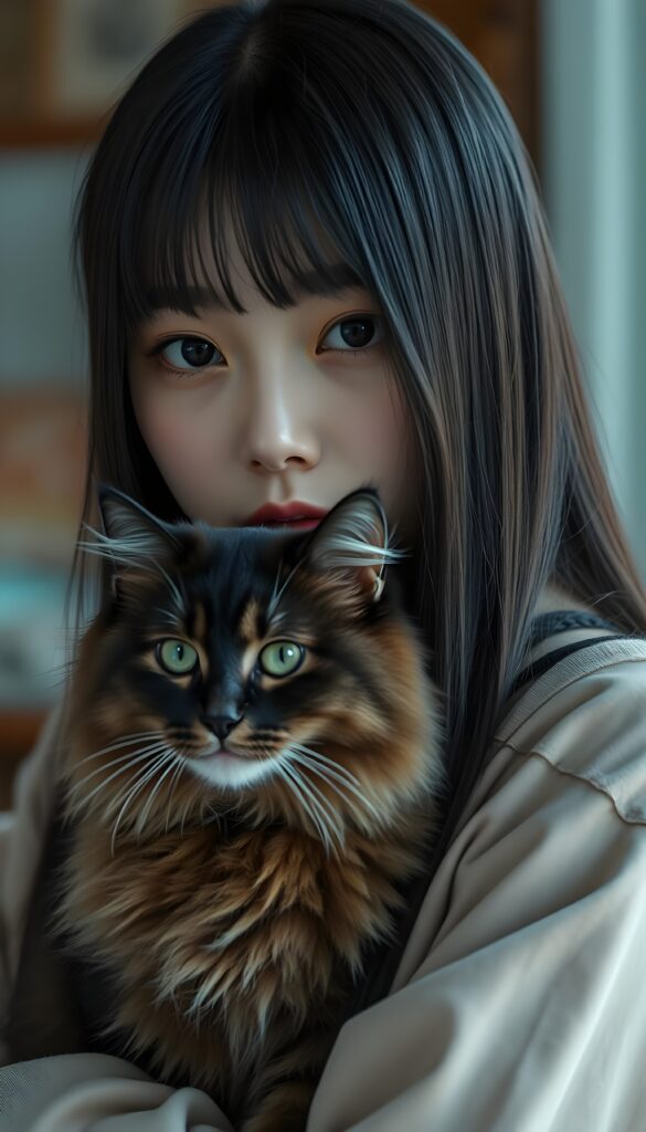 an Asian girl with straight black hair and a maine-coon cat looks directly to the viewer. Black eyes. Detailed. 4K. HDR.