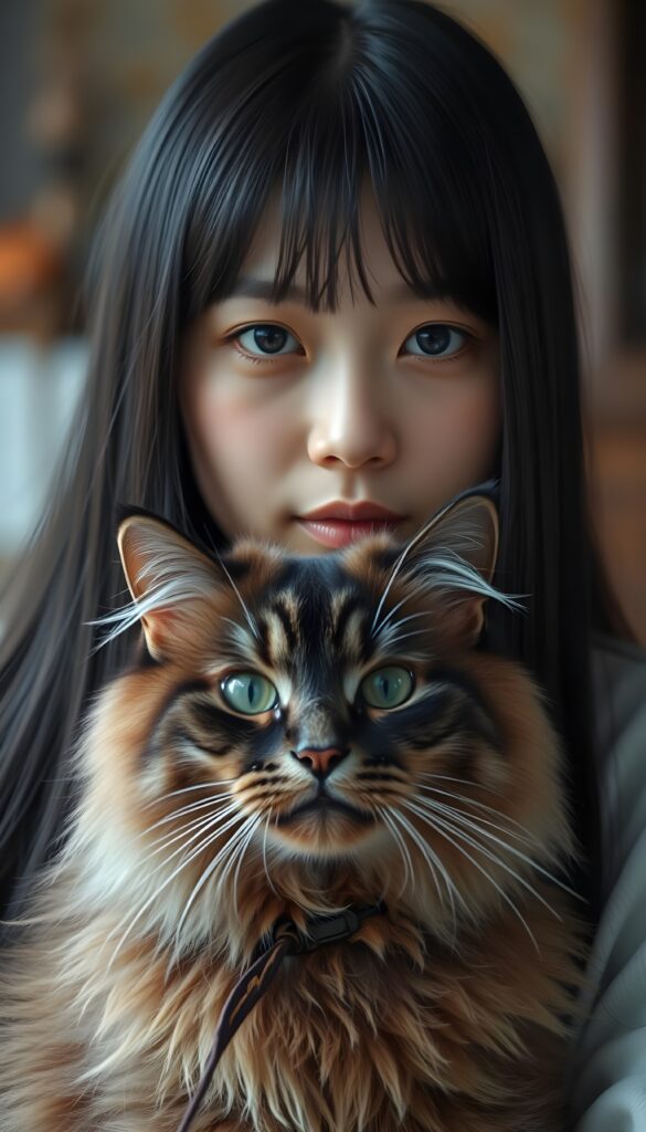 an Asian girl with straight black hair and a maine-coon cat looks directly to the viewer. Black eyes. Detailed. 4K. HDR.