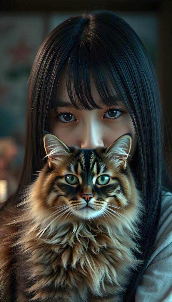 an Asian girl with straight black hair and a maine-coon cat looks directly to the viewer. Black eyes. Detailed. 4K. HDR.