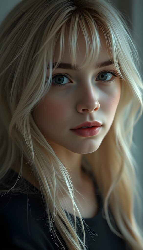 an Emo petite teen girl, ((realistic detailed light hair)), realistic face, beautiful saturation, ultra high resolution, deep shadow, (best quality, masterpiece), highly detailed, looking at viewer, warm smile, 4k, ((portrait shot)) (((gorgeous))) ((attractive)) ((stunning))