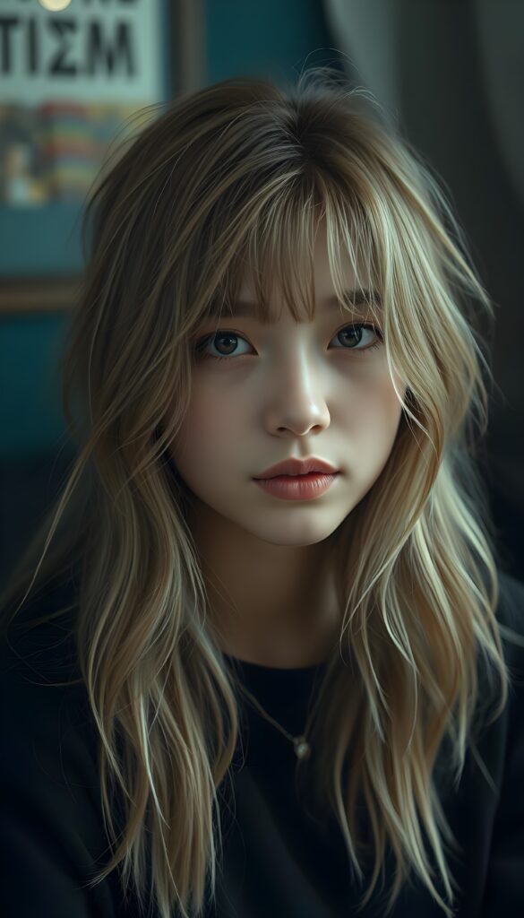 an Emo petite teen girl, ((realistic detailed light hair)), realistic face, beautiful saturation, ultra high resolution, deep shadow, (best quality, masterpiece), highly detailed, looking at viewer, warm smile, 4k, ((portrait shot)) (((gorgeous))) ((attractive)) ((stunning))