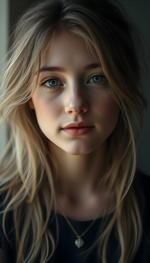an Emo petite teen girl, ((realistic detailed light hair)), realistic face, beautiful saturation, ultra high resolution, deep shadow, (best quality, masterpiece), highly detailed, looking at viewer, warm smile, 4k, ((portrait shot)) (((gorgeous))) ((attractive)) ((stunning))
