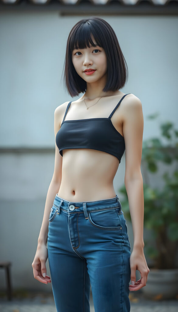 an (((adult Japanese girl, looks like Shimizu Hinako))), with straight black soft full open hair, bob and bangs cut, and a delicate, (((thin and toned body)), adorned with sleek, (((blue short denim jeans pants))), paired with a cropped top in a (((black sleeveless thin strap crop top))), that accentuates her slender figure. Her face is (((pale and flawless))), with (((bright white skin))), rosy cheeks and (((natural looking eyes))). She is exuding an air of youthful confidence and (natural beauty). (((Full body view))) of her looking happy and playful, set against a natural and (high-resolution) backdrop, showcasing her full figure and (((straight and toned legs))) that are distinctly visible, she stands in front of the viewer, you can see her round cute belly button.