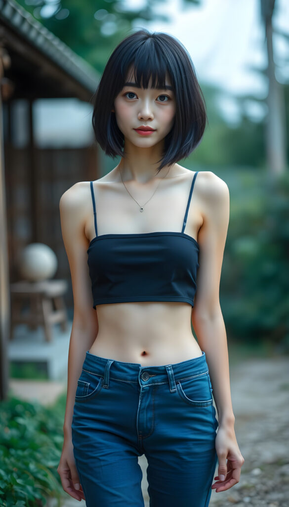 an (((adult Japanese girl, looks like Shimizu Hinako))), with straight black soft full open hair, bob and bangs cut, and a delicate, (((thin and toned body)), adorned with sleek, (((blue short denim jeans pants))), paired with a cropped top in a (((black sleeveless thin strap crop top))), that accentuates her slender figure. Her face is (((pale and flawless))), with (((bright white skin))), rosy cheeks and (((natural looking eyes))). She is exuding an air of youthful confidence and (natural beauty). (((Full body view))) of her looking happy and playful, set against a natural and (high-resolution) backdrop, showcasing her full figure and (((straight and toned legs))) that are distinctly visible, she stands in front of the viewer, you can see her round cute belly button.