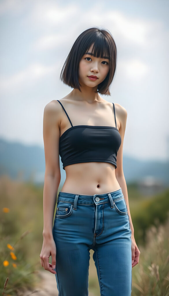 an (((adult Japanese girl, looks like Shimizu Hinako))), with straight black soft full open hair, bob and bangs cut, and a delicate, (((thin and toned body)), adorned with sleek, (((blue short denim jeans pants))), paired with a cropped top in a (((black sleeveless thin strap crop top))), that accentuates her slender figure. Her face is (((pale and flawless))), with (((bright white skin))), rosy cheeks and (((natural looking eyes))). She is exuding an air of youthful confidence and (natural beauty). (((Full body view))) of her looking happy and playful, set against a natural and (high-resolution) backdrop, showcasing her full figure and (((straight and toned legs))) that are distinctly visible, she stands in front of the viewer, you can see her round cute belly button.