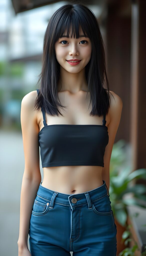 an (((adult Japanese girl, looks like Shimizu Hinako))), with straight black soft full open hair, bob and bangs cut, and a delicate, (((thin and toned body)), adorned with sleek, (((blue short denim jeans pants))), paired with a cropped top in a (((black sleeveless thin strap crop top))), that accentuates her slender figure. Her face is (((pale and flawless))), with (((bright white skin))), rosy cheeks and (((natural looking eyes))). She is exuding an air of youthful confidence and (natural beauty). (((Full body view))) of her looking happy and playful, set against a natural and (high-resolution) backdrop, showcasing her full figure and (((straight and toned legs))) that are distinctly visible, she stands in front of the viewer, you can see her round cute belly button.