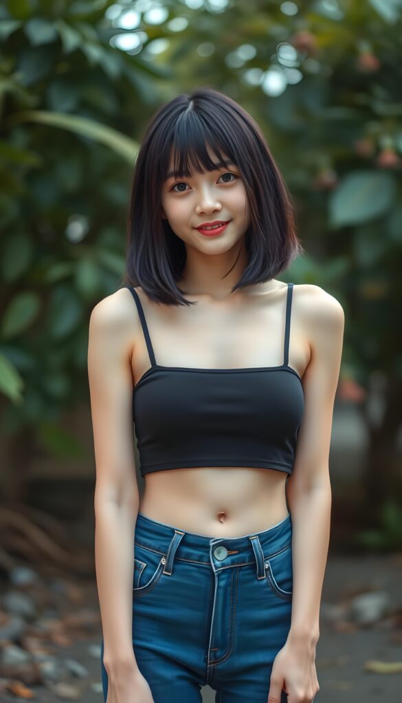 an (((adult Japanese girl, looks like Shimizu Hinako))), with straight black soft full open hair, bob and bangs cut, and a delicate, (((thin and toned body)), adorned with sleek, (((blue short denim jeans pants))), paired with a cropped top in a (((black sleeveless thin strap crop top))), that accentuates her slender figure. Her face is (((pale and flawless))), with (((bright white skin))), rosy cheeks and (((natural looking eyes))). She is exuding an air of youthful confidence and (natural beauty). (((Full body view))) of her looking happy and playful, set against a natural and (high-resolution) backdrop, showcasing her full figure and (((straight and toned legs))) that are distinctly visible, she stands in front of the viewer, you can see her round cute belly button.