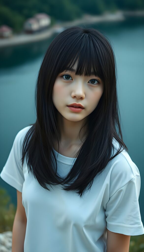 an (((adult and cute Japanese girl))), with straight black soft full open hair, bangs and bob cut, white simple plain dressed in a short, thin t-shirt. She is standing on the bank of a large river. The river is deep blue with green banks and a few trees.