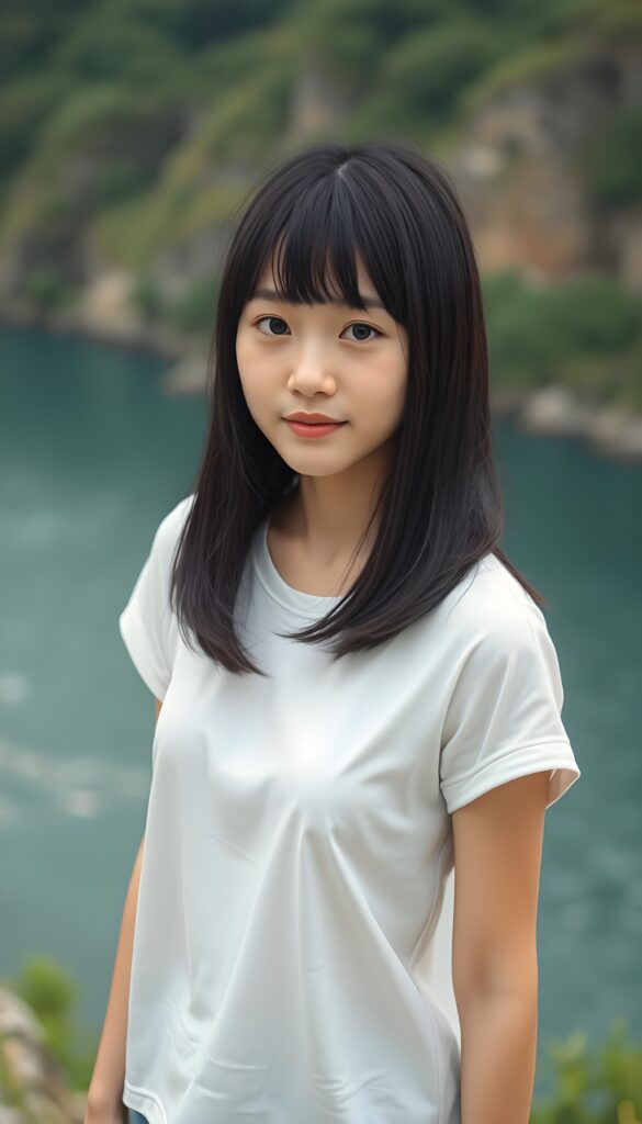an (((adult and cute Japanese girl))), with straight black soft full open hair, bangs and bob cut, white simple plain dressed in a short, thin t-shirt. She is standing on the bank of a large river. The river is deep blue with green banks and a few trees.