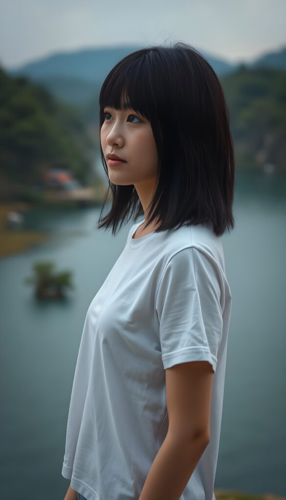 an (((adult and cute Japanese girl))), with straight black soft full open hair, bangs and bob cut, white simple plain dressed in a short, thin t-shirt. She is standing on the bank of a large river. The river is deep blue with green banks and a few trees.
