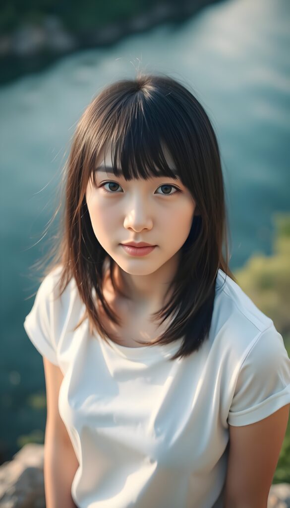 an (((adult and cute Japanese girl))), with straight black soft full open hair, bangs and bob cut, white simple plain dressed in a short, thin t-shirt. She is standing on the bank of a large river. The river is deep blue with green banks and a few trees.