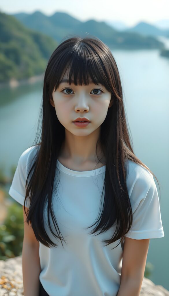an (((adult and cute Japanese girl))), with straight black soft full open hair, bangs and bob cut, white simple plain dressed in a short, thin t-shirt. She is standing on the bank of a large river. The river is deep blue with green banks and a few trees.