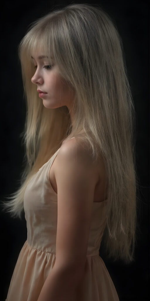 an adult ((girl)) in light leader dress, straight full soft hair, perfect fit body, side view, detailed, realistic, soft light, dark backdrop