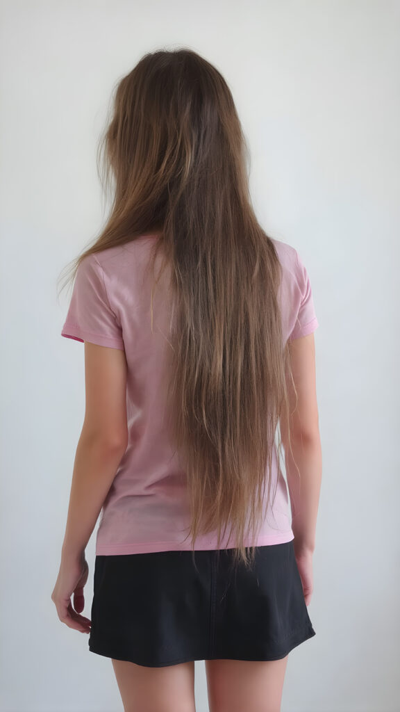 an adult girl, t-shirt in rainbow colors, black mini skirt, detailed, full body back view, long hair fall down to her back