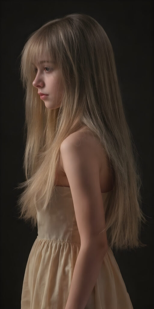 an adult ((girl)) in light leader dress, straight full soft hair, perfect fit body, side view, detailed, realistic, soft light, dark backdrop