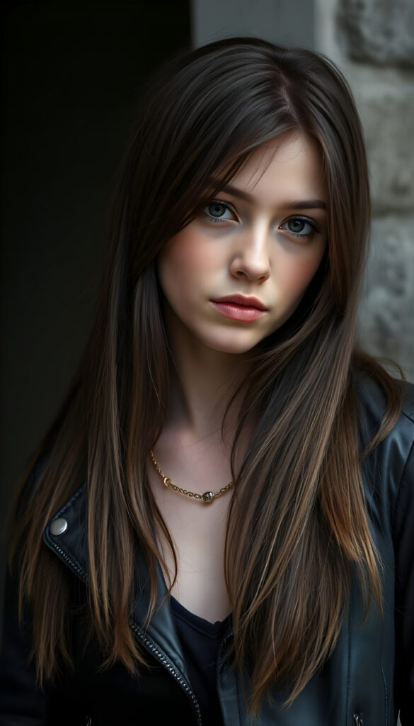 an adult girl, best quality, masterpiece, ultra high resolution, photo realistic, detailed skin, (black short open aviator leather jacket), ((grey background)), long straight brown hair