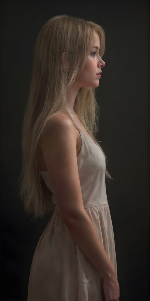 an adult ((girl)) in light leader dress, straight full soft hair, perfect fit body, side view, detailed, realistic, soft light, dark backdrop