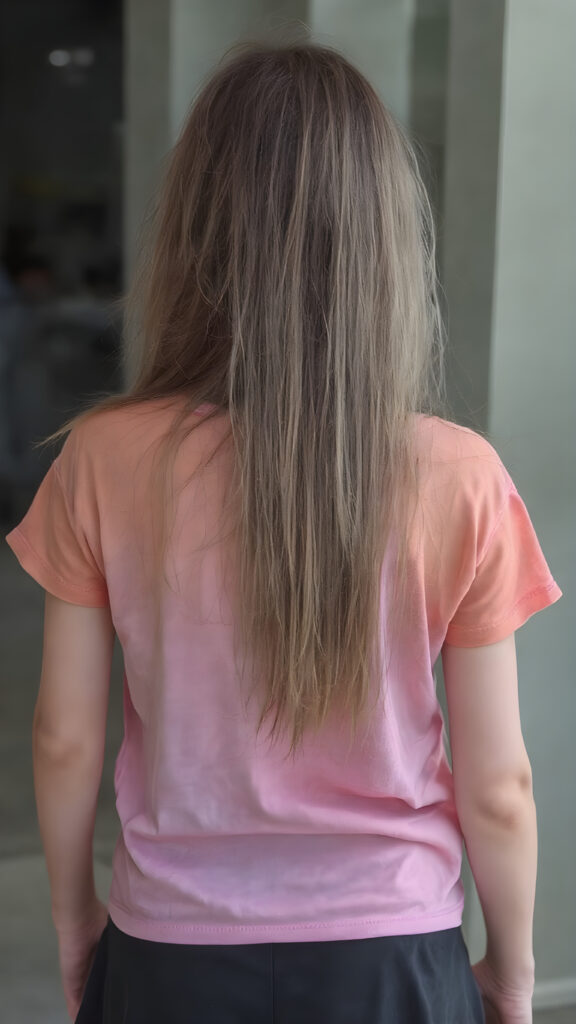 an adult girl, t-shirt in rainbow colors, black mini skirt, detailed, full body back view, long hair fall down to her back