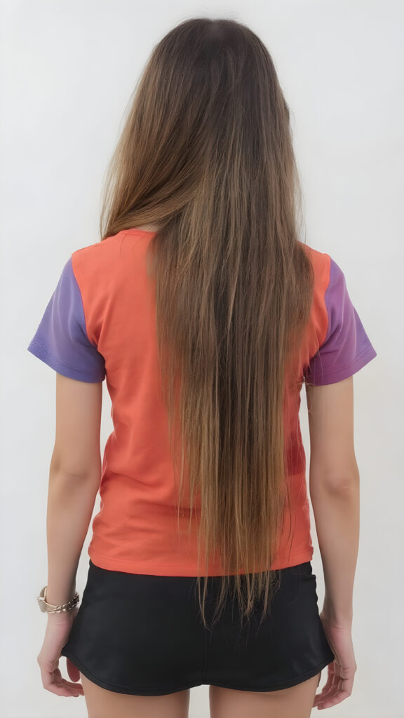 an adult girl, t-shirt in rainbow colors, black mini skirt, detailed, full body back view, long hair fall down to her back