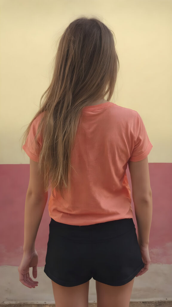 an adult girl, t-shirt in rainbow colors, black mini skirt, detailed, full body back view, long hair fall down to her back