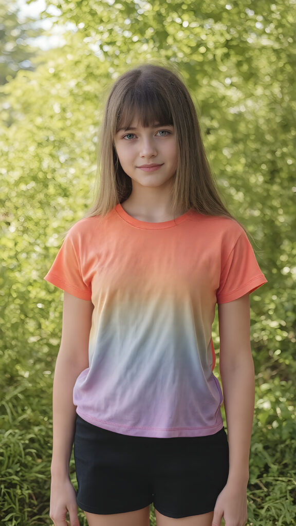 an adult girl, t-shirt in rainbow colors, black mini skirt, detailed, full body front view, straight hair fall down to her back, sunny green backdrop