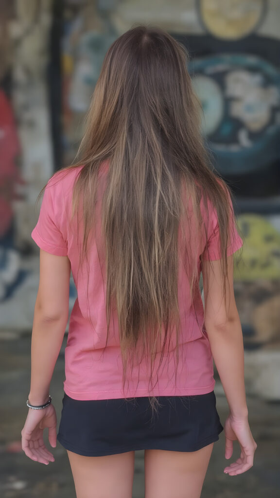an adult girl, t-shirt in rainbow colors, black mini skirt, detailed, full body back view, long hair fall down to her back