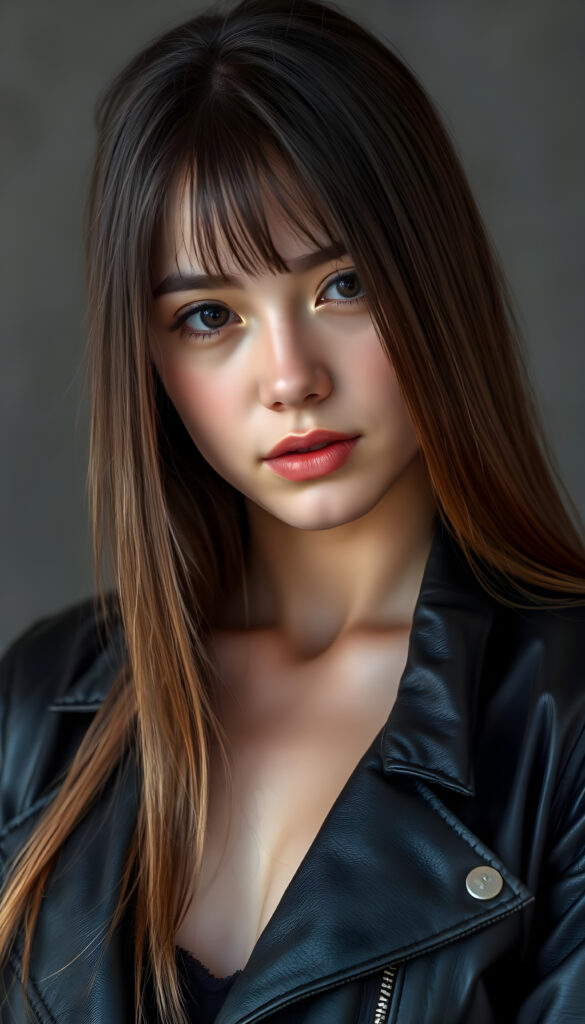 an adult girl, best quality, masterpiece, ultra high resolution, photo realistic, detailed skin, (black short open aviator leather jacket), ((grey background)), long straight brown hair
