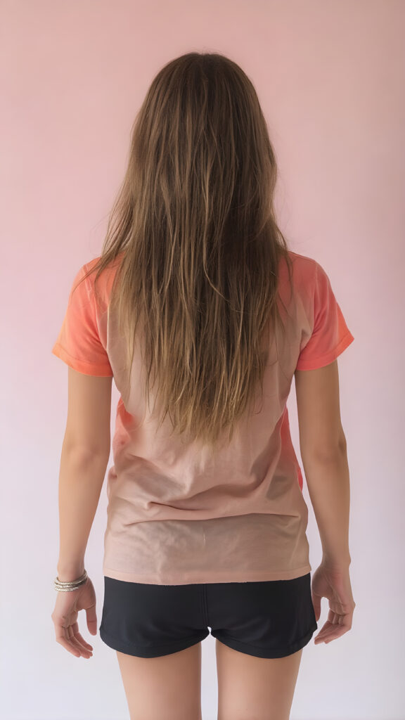 an adult girl, t-shirt in rainbow colors, black mini skirt, detailed, full body back view, long hair fall down to her back