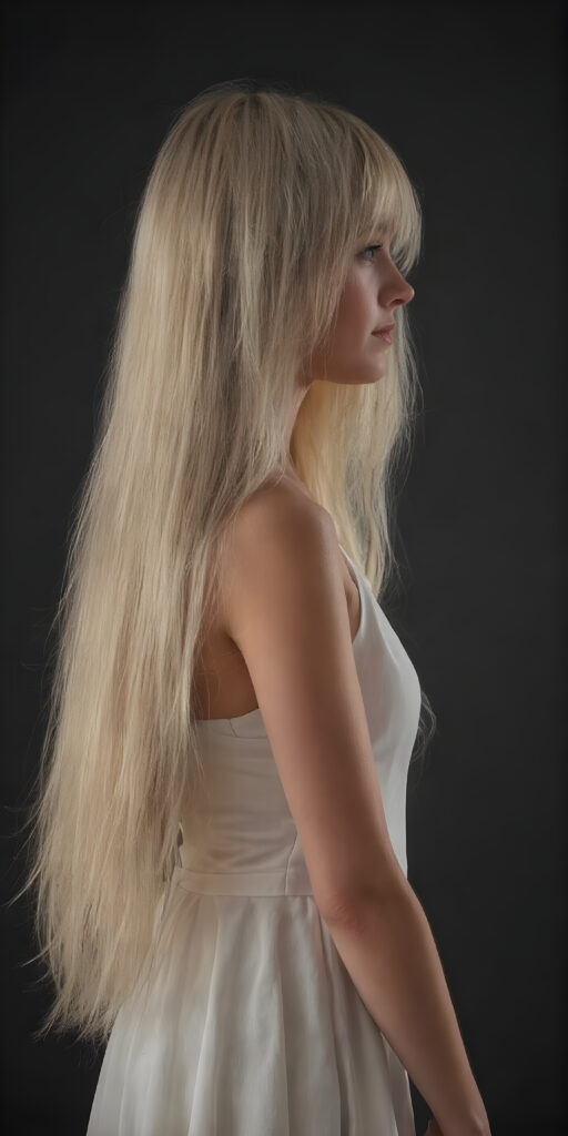 an adult ((girl)) in light leader dress, straight full soft hair, perfect fit body, side view, detailed, realistic, soft light, dark backdrop