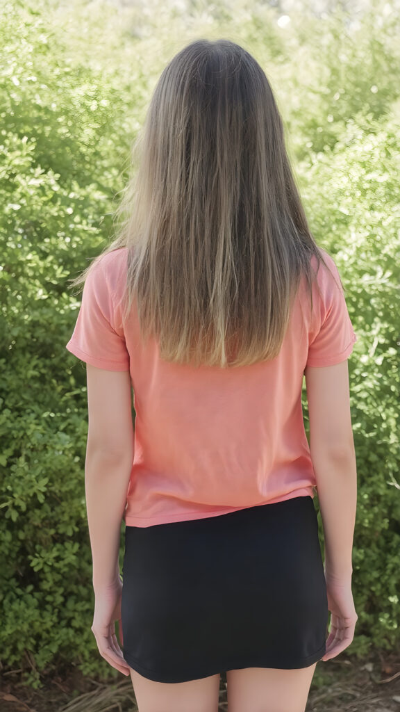 an adult girl, t-shirt in rainbow colors, black mini skirt, detailed, full body back view, straight hair fall down to her back, sunny green backdrop