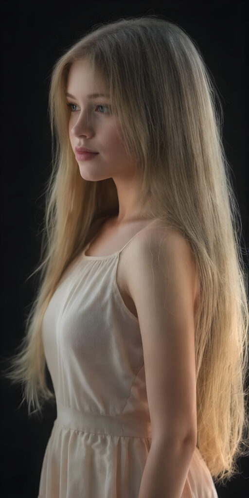 an adult ((girl)) in light leader dress, straight full soft hair, perfect fit body, side view, detailed, realistic, soft light, dark backdrop