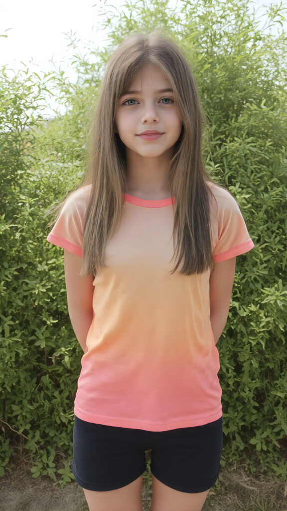 an adult girl, t-shirt in rainbow colors, black mini skirt, detailed, full body front view, straight hair fall down to her back, sunny green backdrop