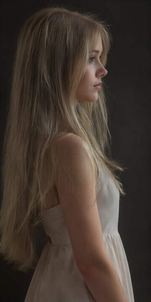 an adult ((girl)) in light leader dress, straight full soft hair, perfect fit body, side view, detailed, realistic, soft light, dark backdrop