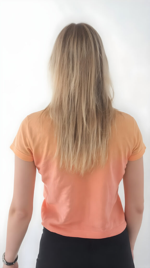 an adult teen girl, t-shirt in rainbow colors, black mini skirt, detailed, full body back view, her straight soft blond hair fall down to her back, white backdrop