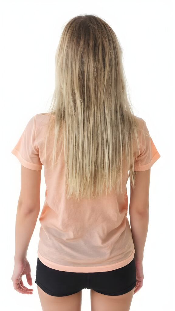 an adult teen girl, t-shirt in rainbow colors, black mini skirt, detailed, full body back view, her straight soft blond hair fall down to her back, white backdrop