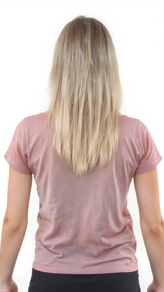 an adult teen girl, t-shirt in rainbow colors, black mini skirt, detailed, full body back view, her straight soft blond hair fall down to her back, white backdrop