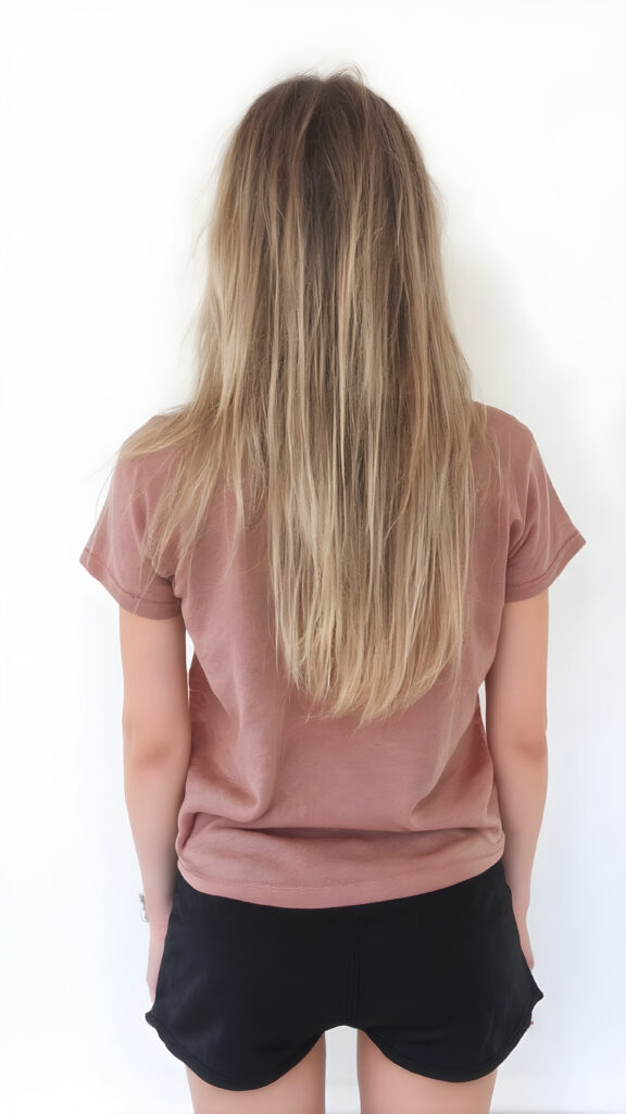 an adult teen girl, t-shirt in rainbow colors, black mini skirt, detailed, full body back view, her straight soft blond hair fall down to her back, white backdrop