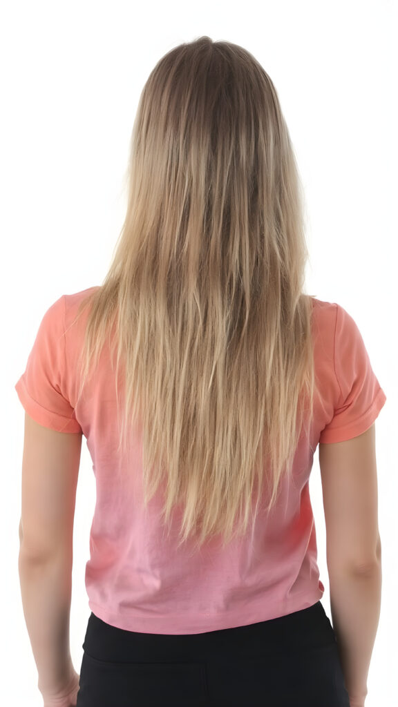 an adult teen girl, t-shirt in rainbow colors, black mini skirt, detailed, full body back view, her straight soft blond hair fall down to her back, white backdrop