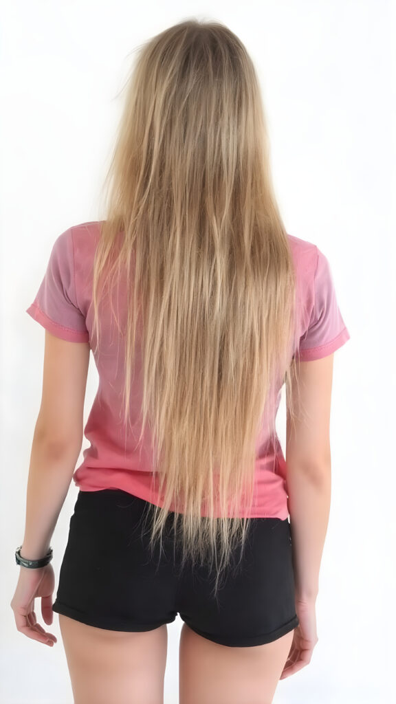an adult teen girl, t-shirt in rainbow colors, black mini skirt, detailed, full body back view, her straight soft blond hair fall down to her back, white backdrop
