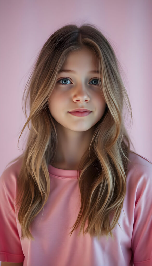 an adult woman with long, wavy hazelnut hair stands in a 1:3 upper body portrait. She wears a vibrant, rainbow color cropped t-shirt. The background is a gradient of soft pastel colors, transitioning from light pink to lavender, creating a dreamy, ethereal atmosphere. The lighting is soft and diffused, highlighting her innocent expression. The composition is centered, with the girl slightly off-center to the left, allowing for a dynamic yet balanced frame. The colors are bright and cheerful, evoking a sense of joy and innocence.