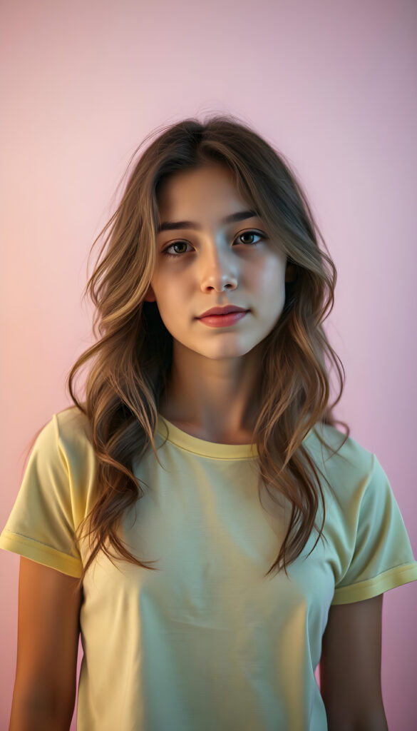an adult woman with long, wavy hazelnut hair stands in a 1:3 upper body portrait. She wears a vibrant, rainbow color cropped t-shirt. The background is a gradient of soft pastel colors, transitioning from light pink to lavender, creating a dreamy, ethereal atmosphere. The lighting is soft and diffused, highlighting her innocent expression. The composition is centered, with the girl slightly off-center to the left, allowing for a dynamic yet balanced frame. The colors are bright and cheerful, evoking a sense of joy and innocence.