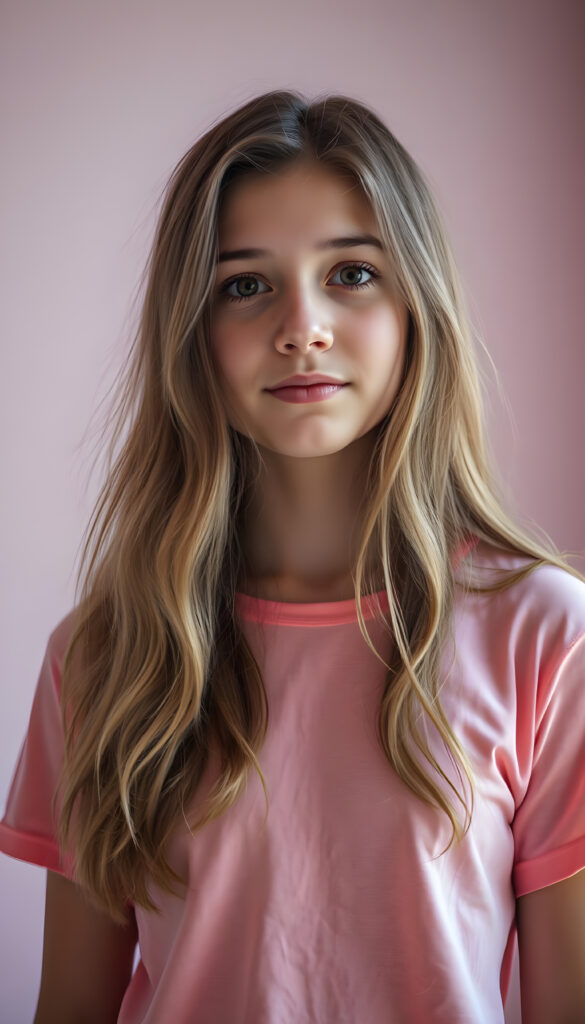 an adult woman with long, wavy hazelnut hair stands in a 1:3 upper body portrait. She wears a vibrant, rainbow color cropped t-shirt. The background is a gradient of soft pastel colors, transitioning from light pink to lavender, creating a dreamy, ethereal atmosphere. The lighting is soft and diffused, highlighting her innocent expression. The composition is centered, with the girl slightly off-center to the left, allowing for a dynamic yet balanced frame. The colors are bright and cheerful, evoking a sense of joy and innocence.