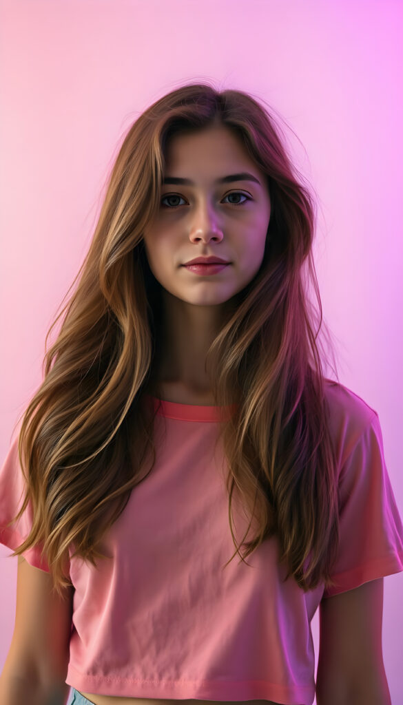 an adult woman with long, wavy hazelnut hair stands in a 1:3 upper body portrait. She wears a vibrant, rainbow color cropped t-shirt. The background is a gradient of soft pastel colors, transitioning from light pink to lavender, creating a dreamy, ethereal atmosphere. The lighting is soft and diffused, highlighting her innocent expression. The composition is centered, with the girl slightly off-center to the left, allowing for a dynamic yet balanced frame. The colors are bright and cheerful, evoking a sense of joy and innocence.
