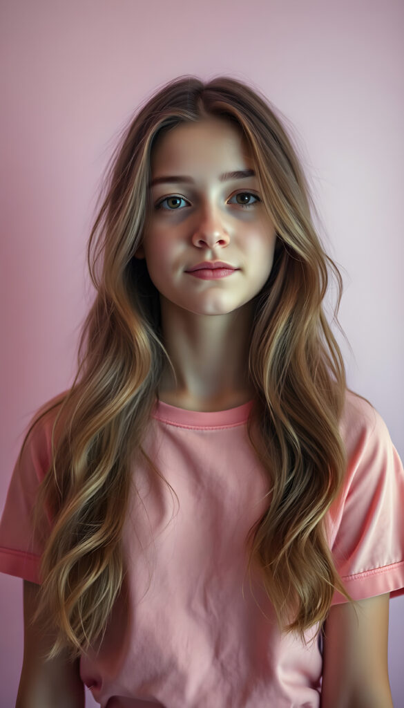 an adult woman with long, wavy hazelnut hair stands in a 1:3 upper body portrait. She wears a vibrant, rainbow color cropped t-shirt. The background is a gradient of soft pastel colors, transitioning from light pink to lavender, creating a dreamy, ethereal atmosphere. The lighting is soft and diffused, highlighting her innocent expression. The composition is centered, with the girl slightly off-center to the left, allowing for a dynamic yet balanced frame. The colors are bright and cheerful, evoking a sense of joy and innocence.